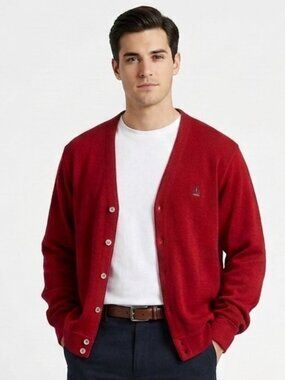 VINTAGE 90s IZOD Crest Indie Grandpa Red Cardigan Sweater Large